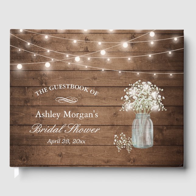 Rustic Baby's Breath String Lights Bridal Shower Guest Book (Front)