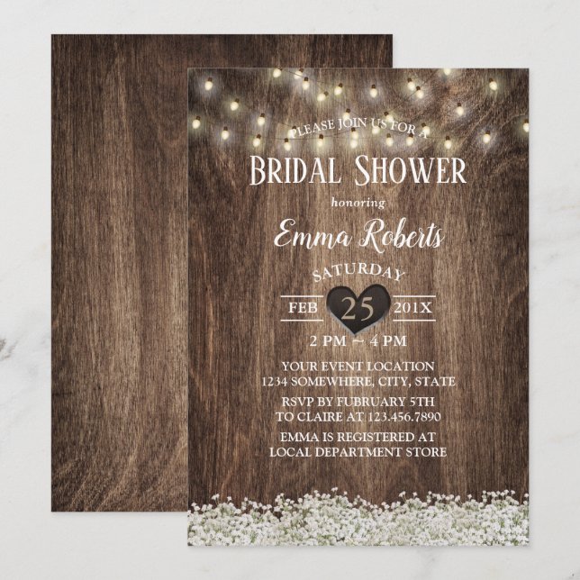 Rustic Baby's Breath String Lights Bridal Shower Invitation (Front/Back)