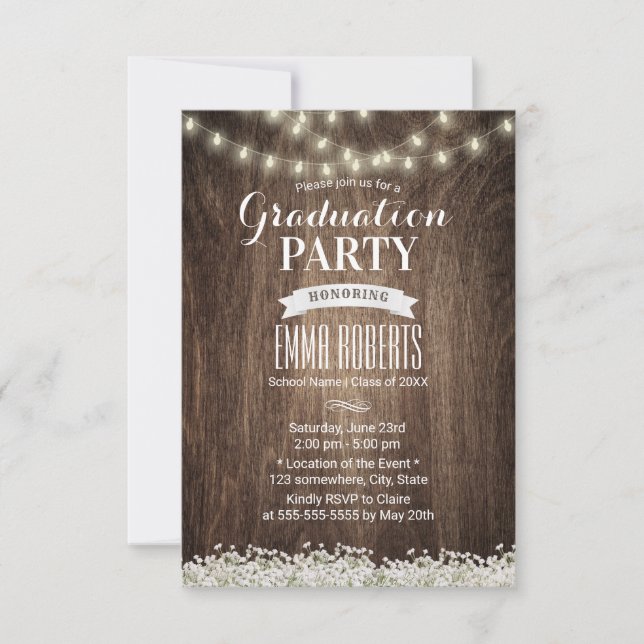 Rustic Baby's Breath String Lights Graduation Invitation (Front)