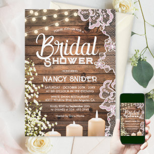 Rustic Baby's Breath String Lights & Lace Bridal Invitation