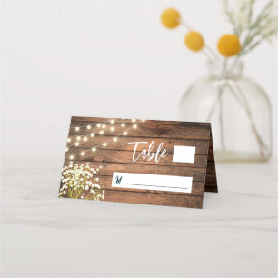 Rustic Baby's Breath & String Lights Wood Wedding Place Card