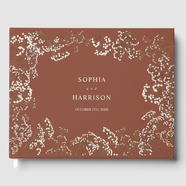 Rustic Baby's Breath Terracotta Wedding Guest Book (Front)