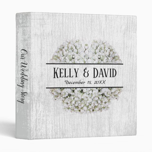 Rustic Baby's Breath White Barn Wood Wedding Album Binder (Front/Spine)