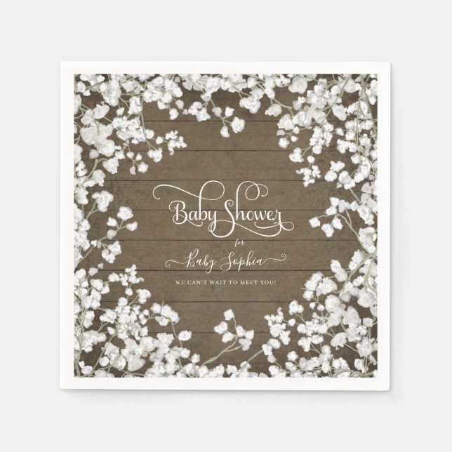 Rustic Babys Breath White Floral Baby Shower Decor Napkin (Front)