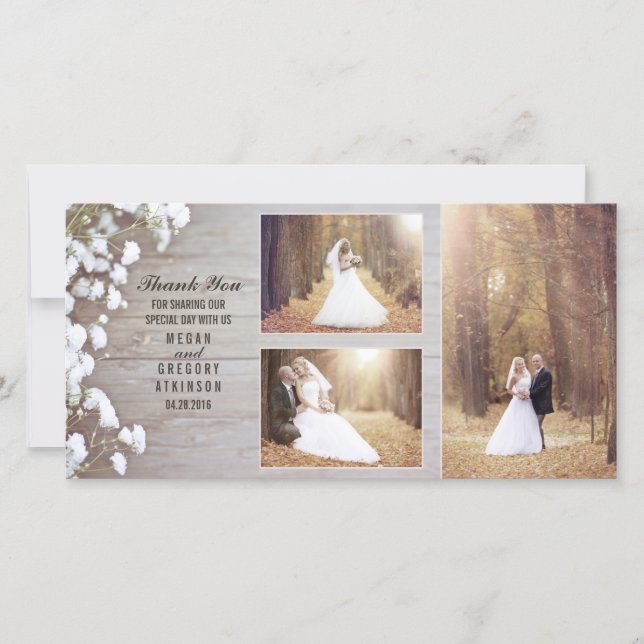 Rustic Baby's Breath Wood Wedding Photo Thank You (Front)