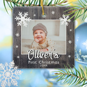 Rustic Baby's First Christmas Wood Snowflake Photo Ceramic Ornament