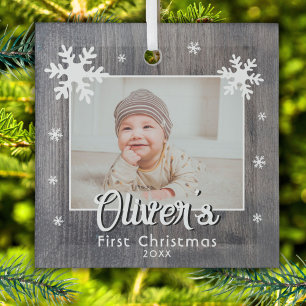 Rustic Baby's First Christmas Wood Snowflake Photo Glass Ornament