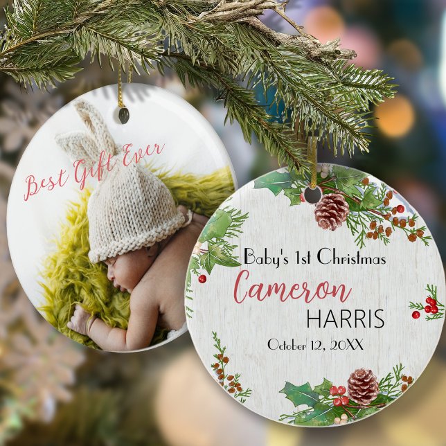 Rustic Baby's Milestone 1st Christmas Photo  Ceramic Ornament (Creator Uploaded)