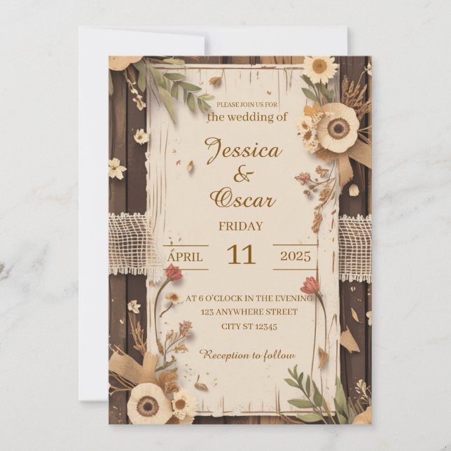 Rustic Background with Weathered Wood Dried Flower Invitation (Front)