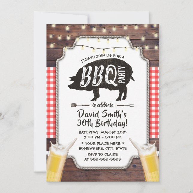 Rustic Backyard BBQ & Beer Birthday Party Invitation (Front)