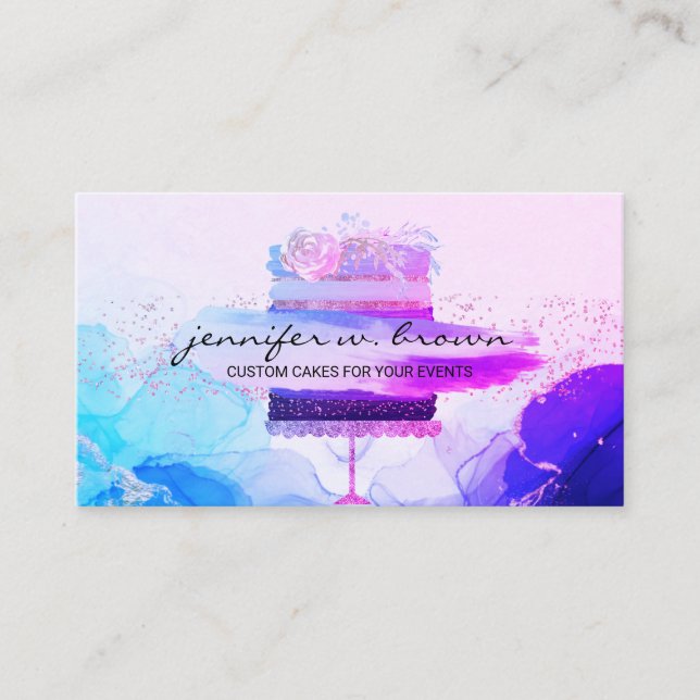 Rustic Bakery Cake Elegant Blue pink Business Card (Front)