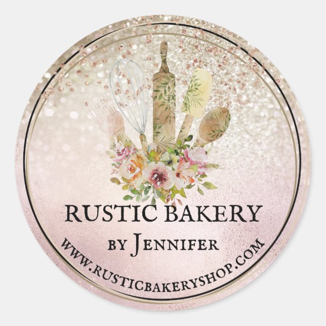 Rustic Bakery circle elegant cute bling gold Classic Round Sticker (Front)