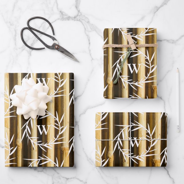 Rustic Bamboo Monogram Vertical Lines Pattern Wrapping Paper Sheet (Front)