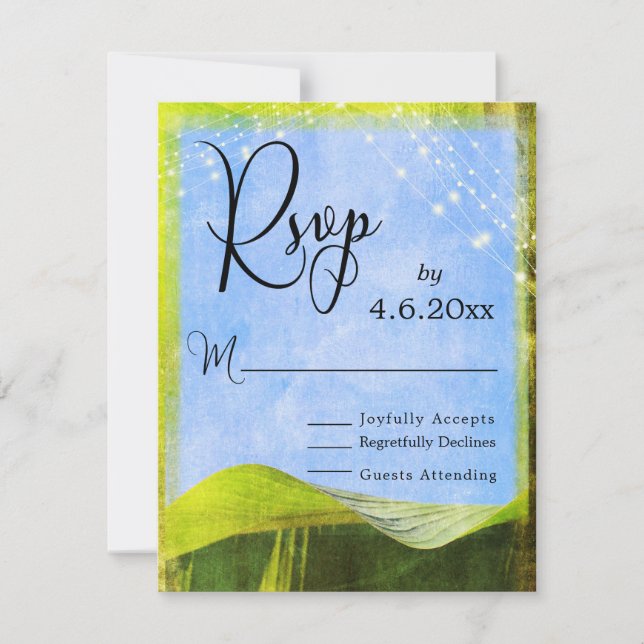 Rustic Banana Leaves & Lights Boho Wedding RSVP Card (Front)
