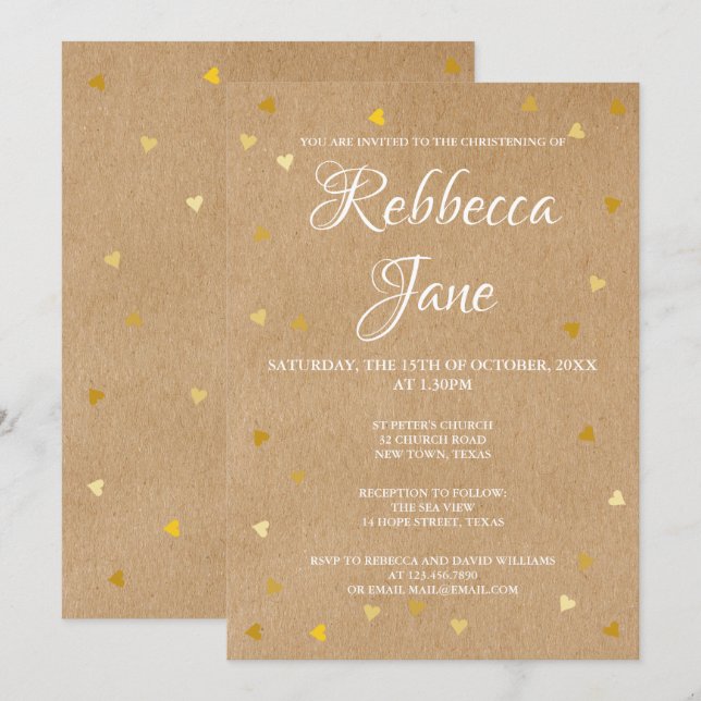 Rustic Baptism Christening Gold Hearts  Invitation (Front/Back)