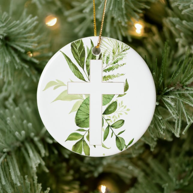 Rustic Baptism Greenery Cross Ceramic Ornament (Tree)