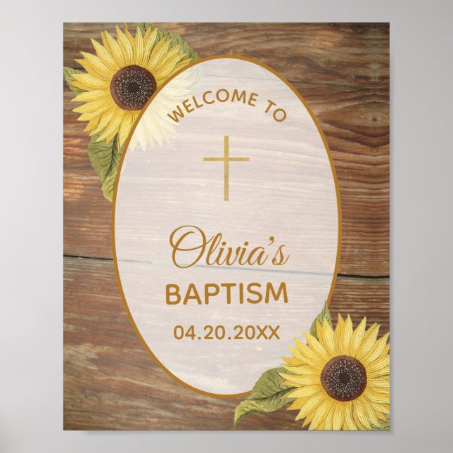 Rustic Baptism Sunflowers Wood Floral Welcome Sign (Front)