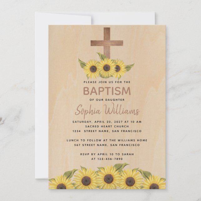 Rustic Baptism Wood Cross Sunflowers Invitation (Front)