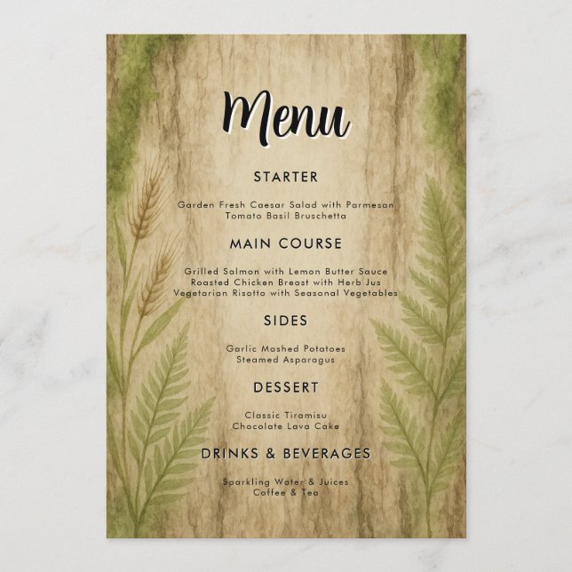 Rustic Bark and Moss Forest Wedding Menu Card (Front)