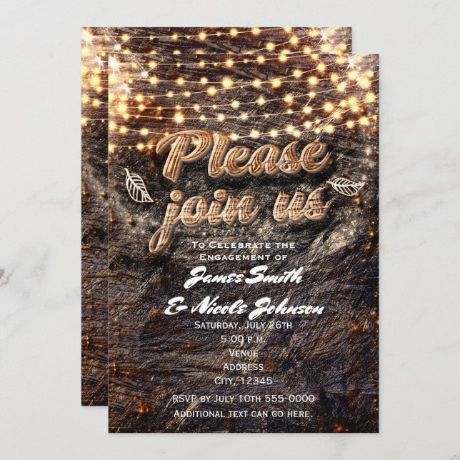 Rustic Bark Wood & Sparkle Lights Fall Invitations (Front/Back)