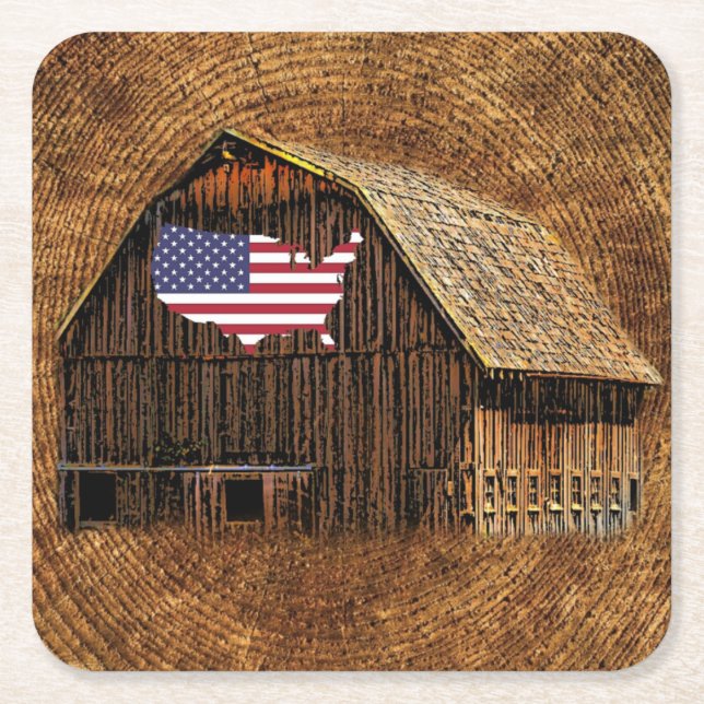 Rustic Barn American Flag Square Paper Coaster (Front)