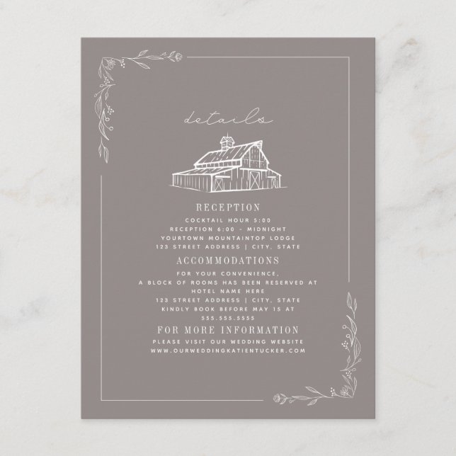 Rustic Barn Amethyst Grey Fall Wedding Details Enclosure Card (Front)