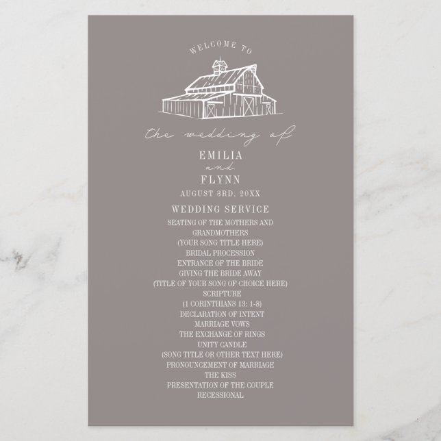 Rustic Barn Amethyst Grey Farm Wedding Program (Front)