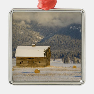Rustic barn and hay bales after a fresh snow 2 metal ornament