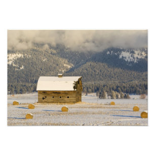 Rustic barn and hay bales after a fresh snow 2 photo print
