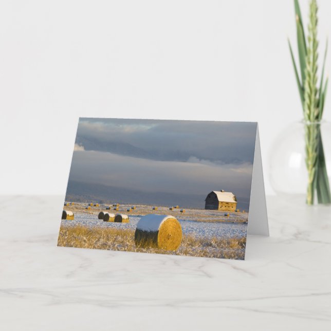 Rustic barn and hay bales after a fresh snow 3 card (Front)