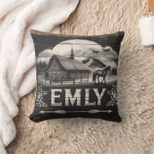 Rustic Barn and Horse at Sunset in Countryside Throw Pillow