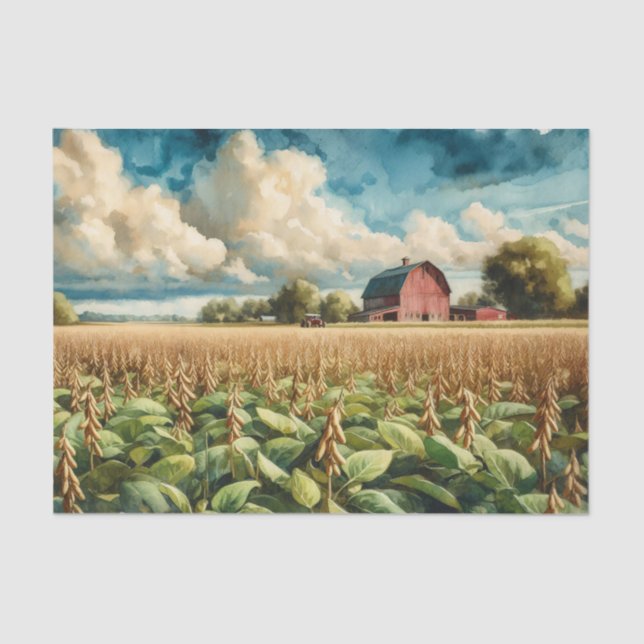 Rustic Barn and Soybean Farm Watercolor Decoupage Tissue Paper (Front)