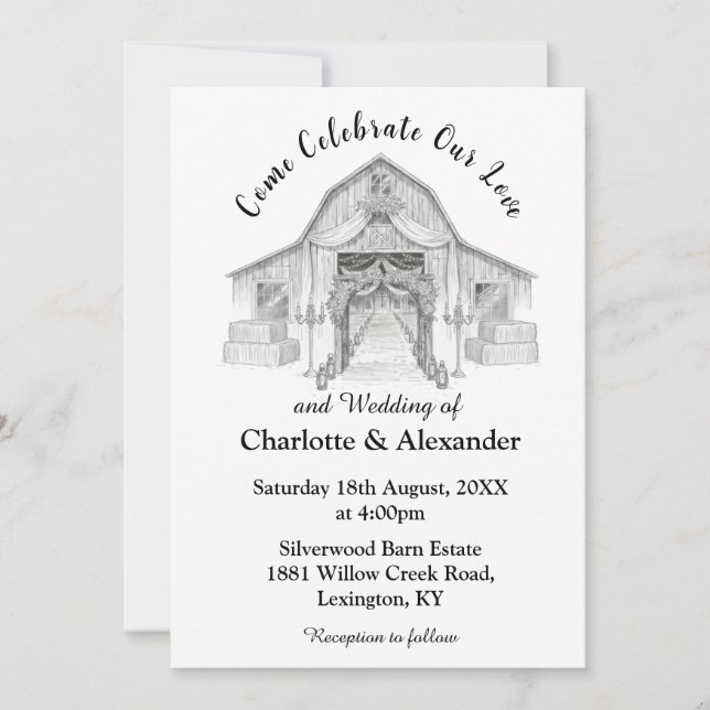 Rustic Barn Black and White Wedding Invitation (Front)