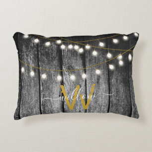 Rustic Barn Black Wood Gold String Lights Monogram Accent Pillow