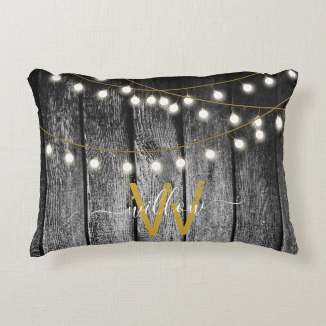 Rustic Barn Black Wood Gold String Lights Monogram Accent Pillow (Front)
