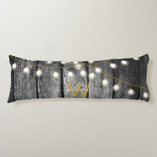 Rustic Barn Black Wood Gold String Lights Monogram Body Pillow