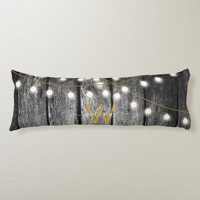 Rustic Barn Black Wood Gold String Lights Monogram Body Pillow (Front)