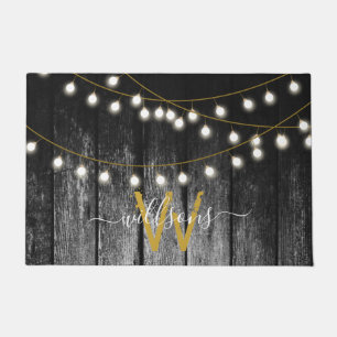 Rustic Barn Black Wood Gold String Lights Monogram Doormat