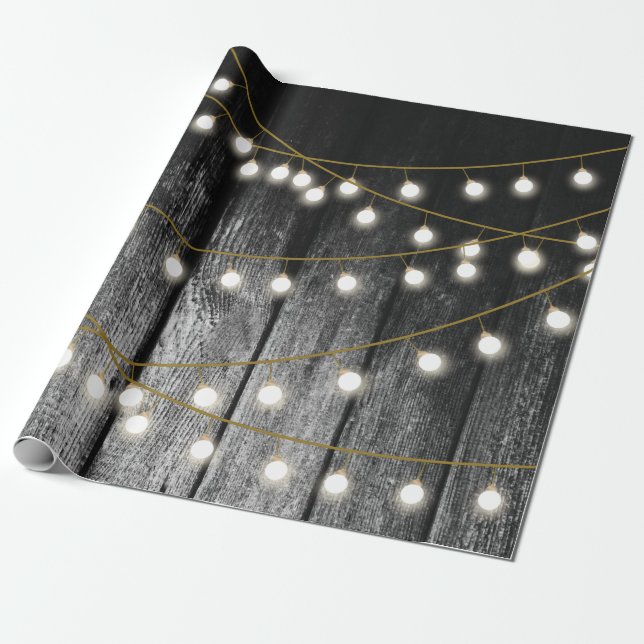 Rustic Barn Black Wood Gold String Lights Wrapping Paper (Unrolled)
