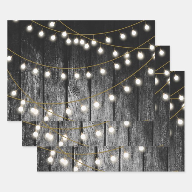 Rustic Barn Black Wood Gold String Lights Wrapping Paper Sheet (Set)