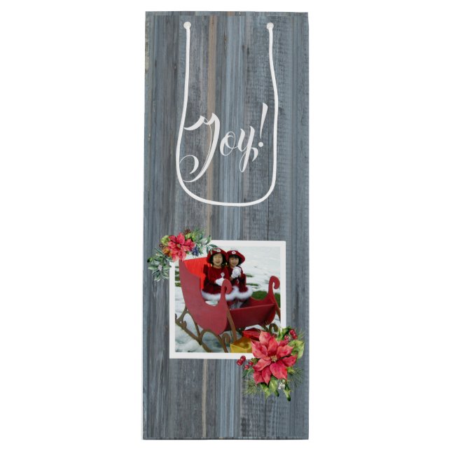Rustic Barn Board and Poinsettias ~ Family Photo Wine Gift Bag (Front)