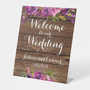 Rustic Barn Board Pink & Violet Welcome Wedding Pedestal Sign