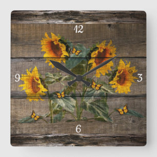 Rustic Barn Board Sunflowers Butterflies Square Wall Clock
