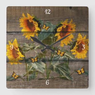 Rustic Barn Board Sunflowers Butterflies Square Wall Clock