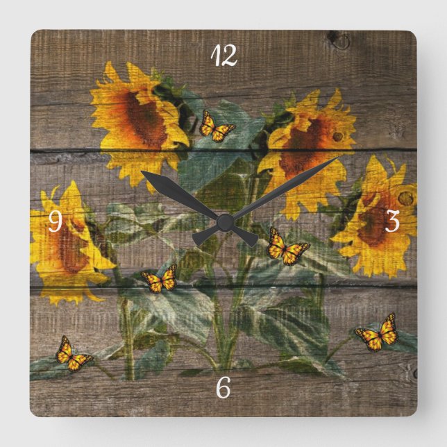 Rustic Barn Board Sunflowers Butterflies Square Wall Clock (Front)