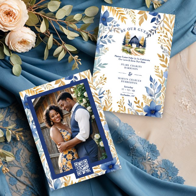 Rustic Barn Botanical Blue Leaves & Branches Frame Save The Date (Exquisite Rustic Barn Classic Farmhouse Style Wedding Save the Date Cards.)