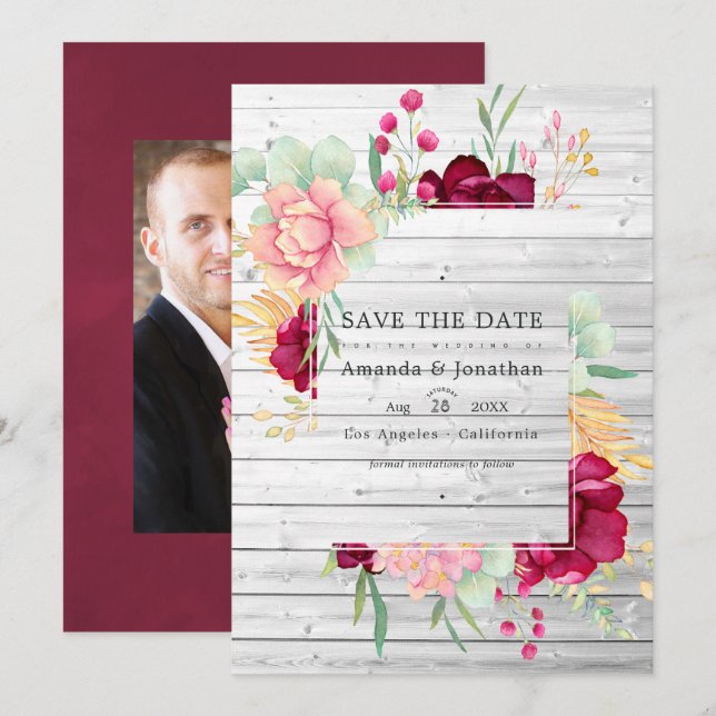 Rustic Barn Burgundy and Blush Floral Wedding Save The Date (Front/Back)