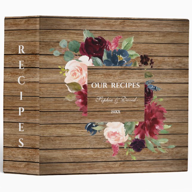 Rustic Barn Burgundy Pink Floral Frame Recipes Binder (Front/Spine)