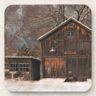 Rustic Barn & Cottage Vintage Snow Scene Coaster