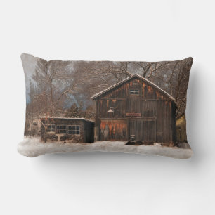 Rustic Barn & Cottage Vintage Snow Scene Lumbar Pillow